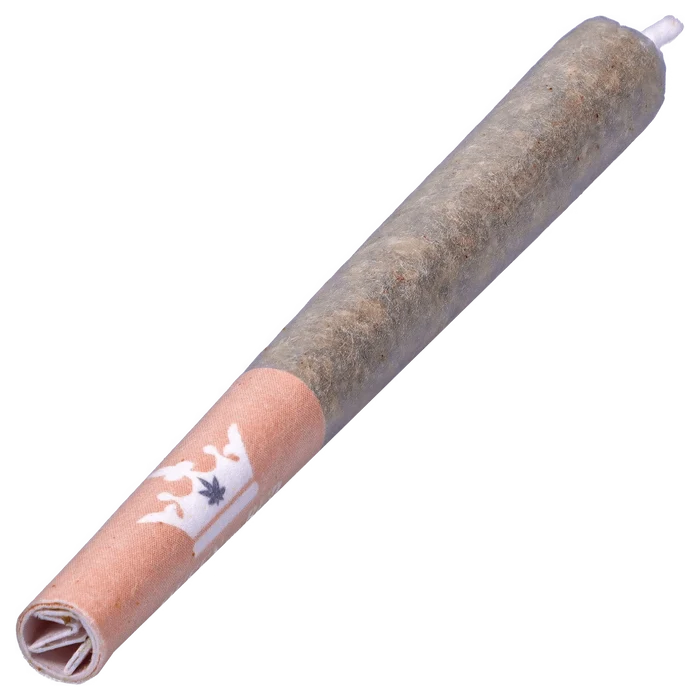 A close-up of the Crystal Multipack Infused Pre Rolled 8 x 0.5 g, showing a partially-smoked joint with a patterned filter.