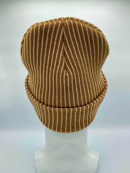 Cuffed Wide Ribbed Striped Beanie, Contrast, Beige and Brown, Classic Beanie