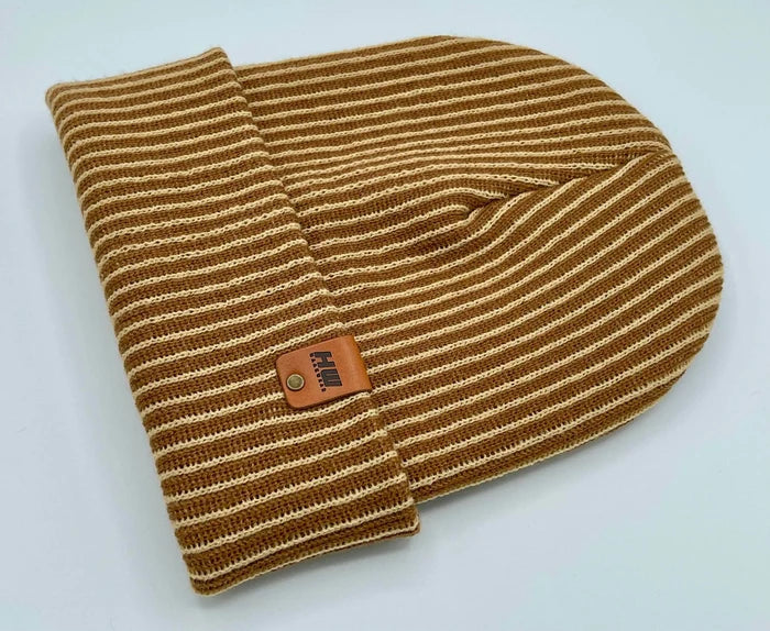 Cuffed Wide Ribbed Striped Beanie, Contrast, Beige and Brown, Classic Beanie