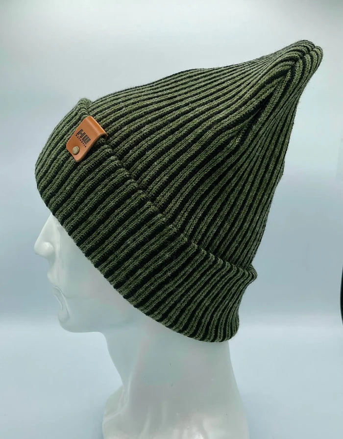 Cuffed Wide Ribbed Striped Beanie, Contrast, Black and Green, Classic Beanie
