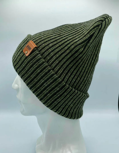 Cuffed Wide Ribbed Striped Beanie, Contrast, Black and Green, Classic Beanie