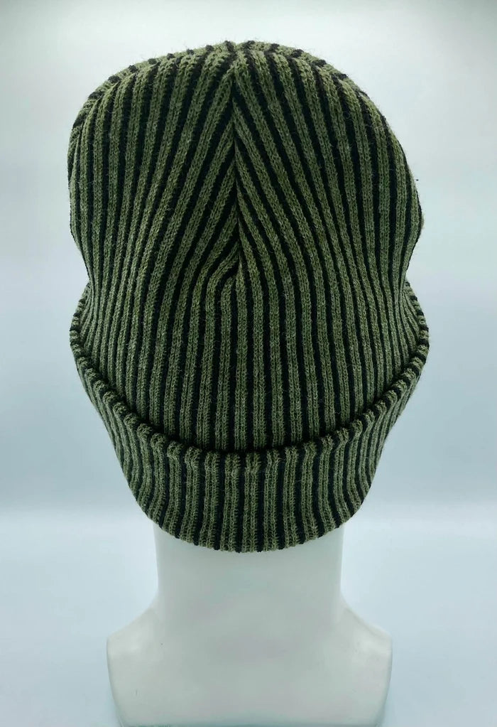 Cuffed Wide Ribbed Striped Beanie, Contrast, Black and Green, Classic Beanie