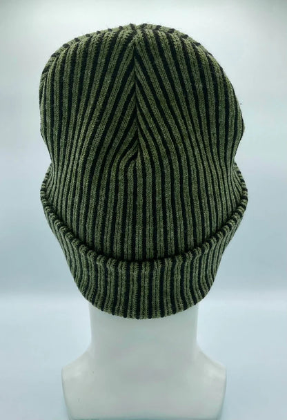 Cuffed Wide Ribbed Striped Beanie, Contrast, Black and Green, Classic Beanie