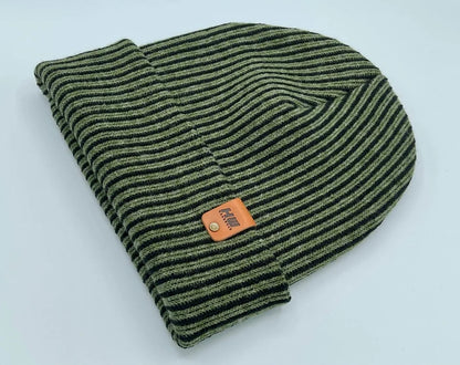 Cuffed Wide Ribbed Striped Beanie, Contrast, Black and Green, Classic Beanie