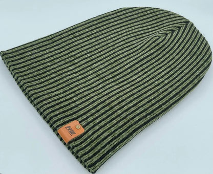 Cuffed Wide Ribbed Striped Beanie, Contrast, Black and Green, Classic Beanie