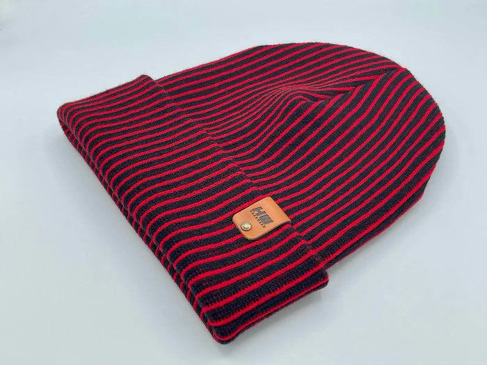 Cuffed Wide Ribbed Striped Beanie, Contrast, Black and Red, Classic Beanie