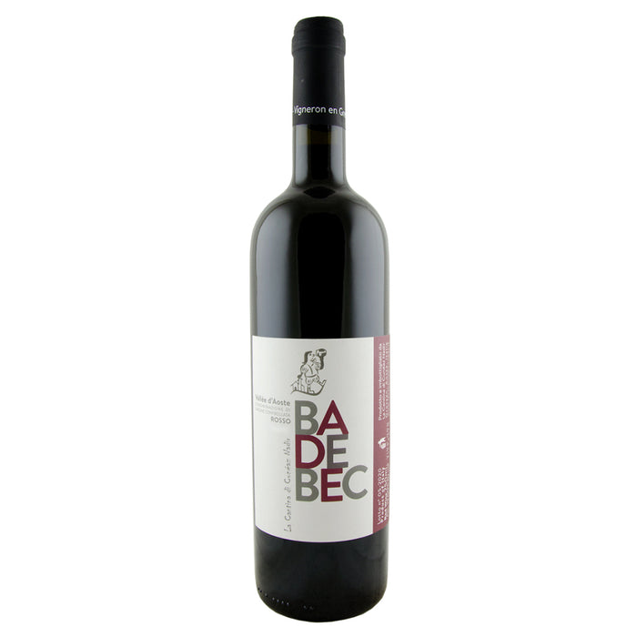 Wine bottle with dark glass and black cap, white label with large BA DE BEC text