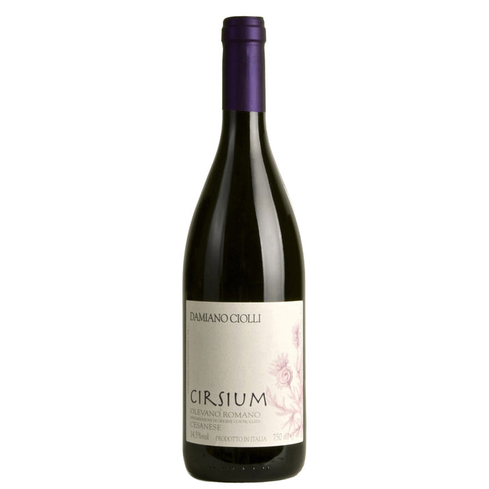 Damiano Ciolli Cirsium wine bottle with dark glass and purple cap, label centered