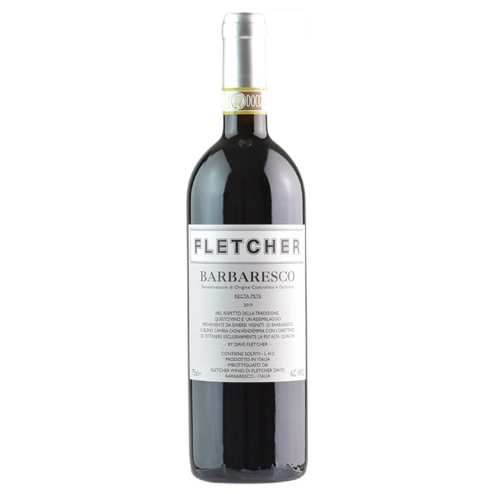 FLETCHER Barbaresco wine bottle with front label on dark glass