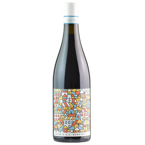 Nebbiolo wine bottle with dark red wine and colorful illustrated label, white cap