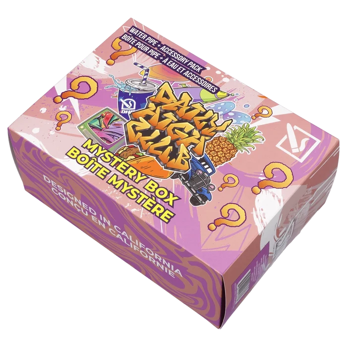 A diagonally-angled view of the DHC - Mystery Box - Hot Sauce - Coral, showing vibrant packaging with playful graphics.