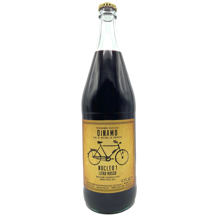 Dark glass bottle with gold label and crown cap, Dinamo Nucleo 1 Rosso 2020