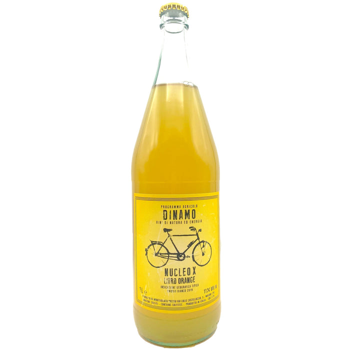 Dinamo Nucleo X orange drink bottle, front label with bicycle graphic and orange liquid