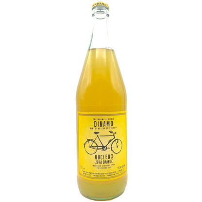 Dinamo Nucleo X orange drink bottle, front label with bicycle graphic and orange liquid