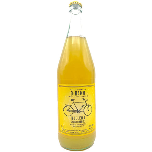 Dinamo Nucleo X orange drink bottle, front label with bicycle graphic and orange liquid