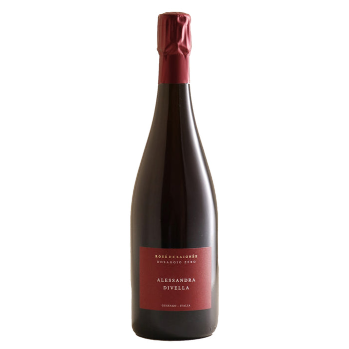 Divella sparkling wine bottle with rose foil top and red label