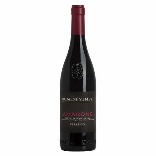 Amarone wine bottle with dark glass, red cap, and Domini Veneti label
