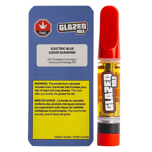Front-facing shot of the Electric Blue Diamonds Vape Cartridge beside its blue warning card, the cartridge showing amber oil and a red mouthpiece.