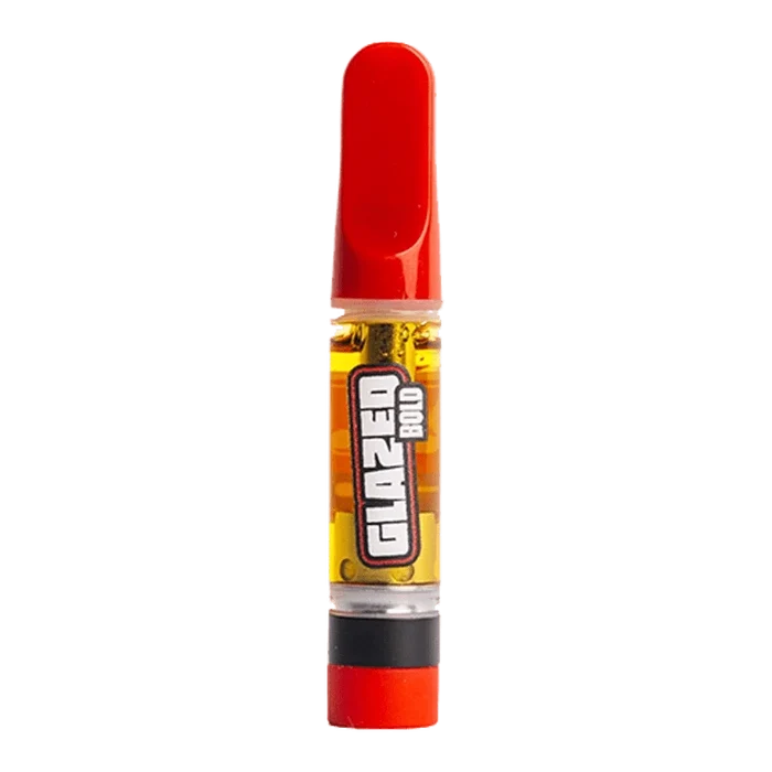 Center-aligned close-up of the Electric Blue Diamonds Vape Cartridge standing upright with a red mouthpiece and visible amber oil through the clear chamber.