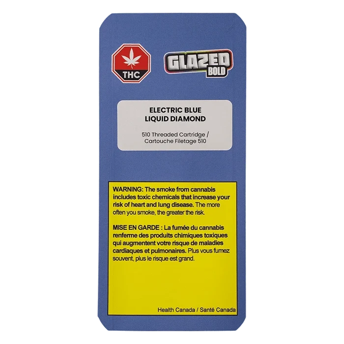 Flat front view of the Electric Blue Diamonds Vape Cartridge packaging labeled "Electric Blue Liquid Diamond" with blue background, Glazed Bold logo and yellow health warning.