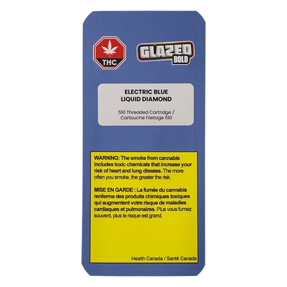 Flat front view of the Electric Blue Diamonds Vape Cartridge packaging labeled "Electric Blue Liquid Diamond" with blue background, Glazed Bold logo and yellow health warning.