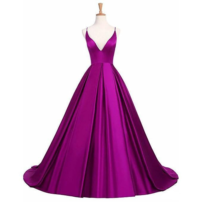 Elegant purple wedding dress with a deep V-neckline and flowing skirt, ideal for elegant formal gowns for prom.