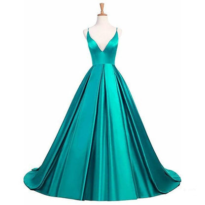 Elegant formal gowns for prom featuring a deep V-neck and flowing satin skirt in teal