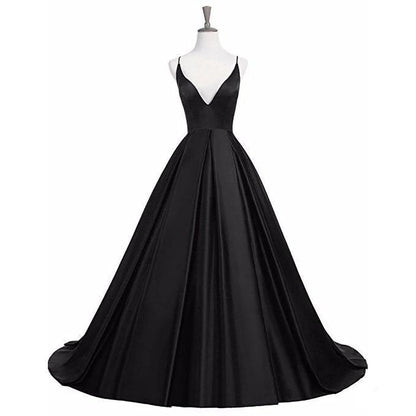 Elegant formal gowns for prom in sleek black with a plunging neckline and flowing skirt