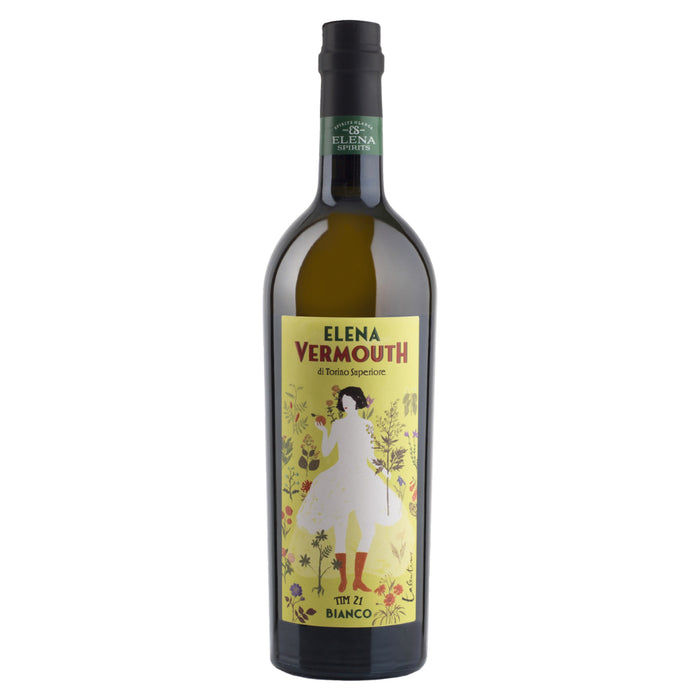 Elena Vermouth Bianco bottle with black cap and colorful label