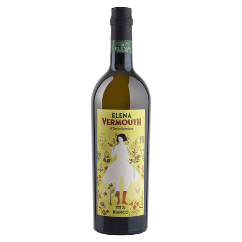 Elena Vermouth Bianco bottle with black cap and colorful label