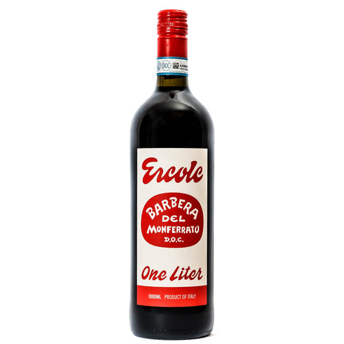 Red wine bottle with red cap and red label
