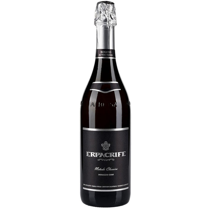 Sparkling wine bottle with dark glass, silver foil capsule, branded label