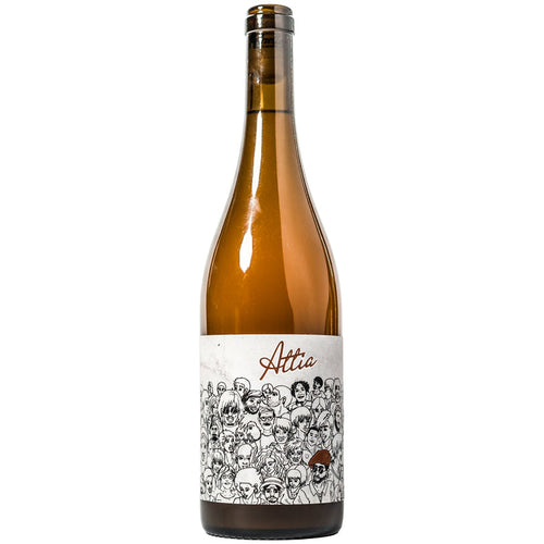 Amber wine bottle with Attia label featuring illustrated faces