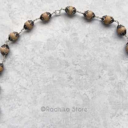 Exclusive Design - Natural with Lotus Caps - Tulsi Silver Necklace 24 Inch