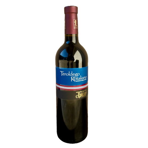 Fedrizzi Cipriano Teroldego Rotaliano 2022 wine bottle with blue label and burgundy cork