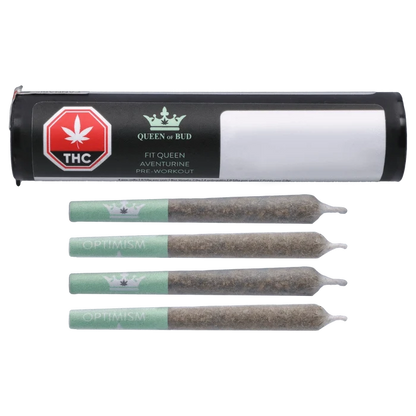 Top-down view of the Fit Queen Aventurine Pre-Workout Infused PR 4 x 0.5 g tube with four green‑banded pre-rolls aligned beneath.
