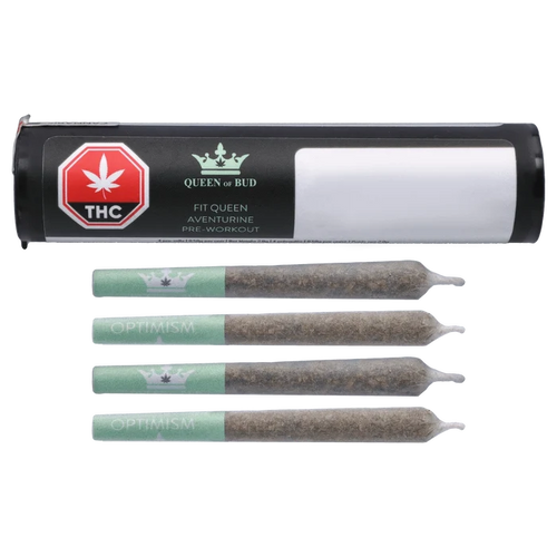Top-down view of the Fit Queen Aventurine Pre-Workout Infused PR 4 x 0.5 g tube with four green‑banded pre-rolls aligned beneath.
