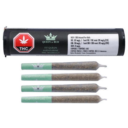 Top-down studio shot of the Fit Queen Aventurine Pre-Workout Infused PR 4 x 0.5 g tube with four green-filtered pre-rolls aligned below.