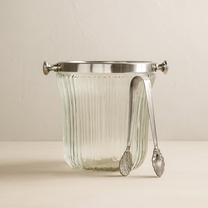 Fluted Glass Ice Bucket w/ Tongs