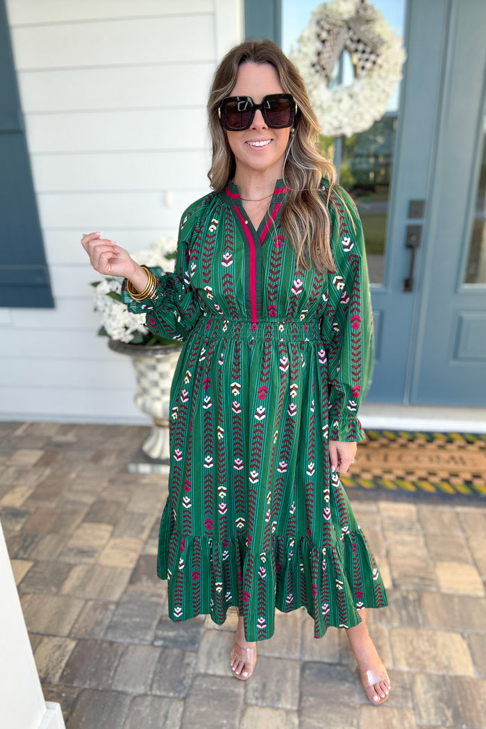 Follow Your Path Printed Midi Dress - Forrest Green - B Social Boutique