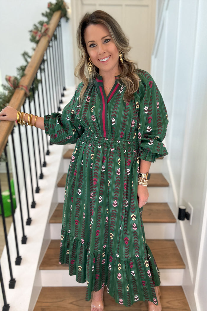 Follow Your Path Printed Midi Dress - Forrest Green - B Social Boutique