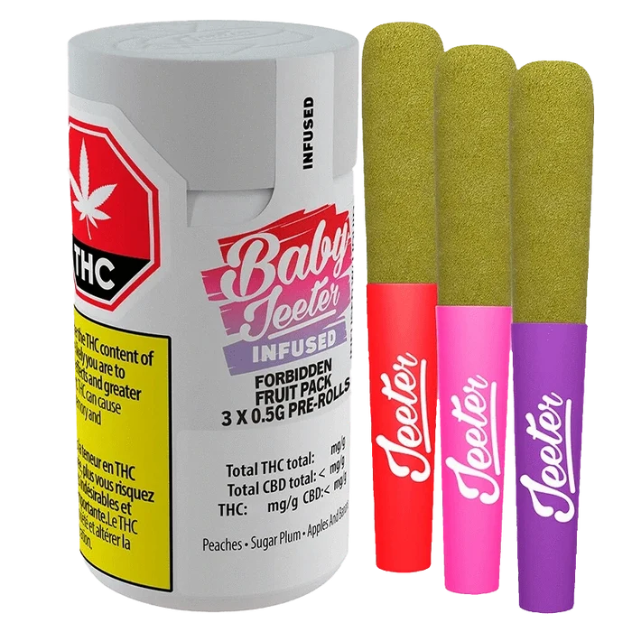 Close-up of the Forbidden Fruit Pack Infused PR, showing three vibrant, cylindrical pre-rolls with a colorful, branded label.