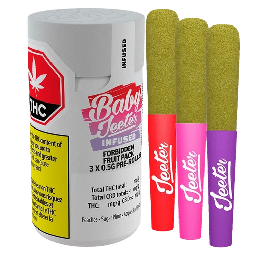 Close-up of the Forbidden Fruit Pack Infused PR, showing three vibrant, cylindrical pre-rolls with a colorful, branded label.