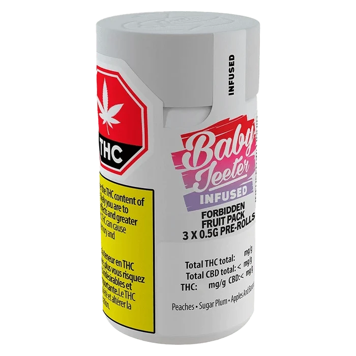 Front view of the Forbidden Fruit Pack Infused Pre Rolled 3 x 0.5 g packaging, displaying vibrant branding and text details on a dark background.