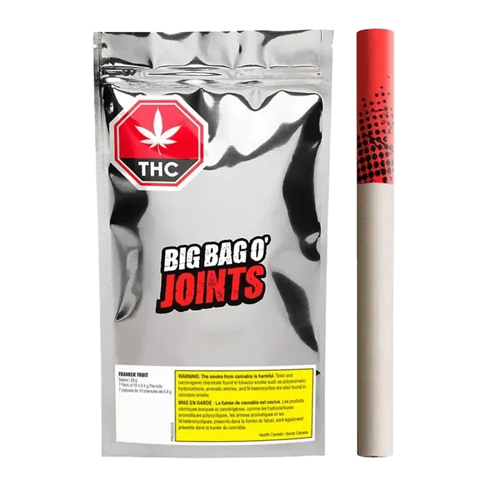 A close-up of the Franken' Fruit Tube-style Pre Rolled 70 x 0.4 g packaging against a black background, displaying bold, colorful branding.