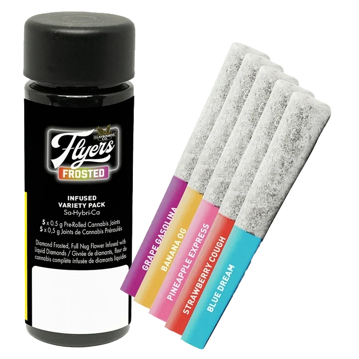 Front view of the Frosted Flyers Variety Pack Infused Pre Rolled 5 x 0.5 g, showing the packaging against a dark background.