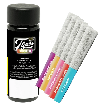 Front view of the Frosted Flyers Variety Pack Infused Pre Rolled 5 x 0.5 g, showing the packaging against a dark background.