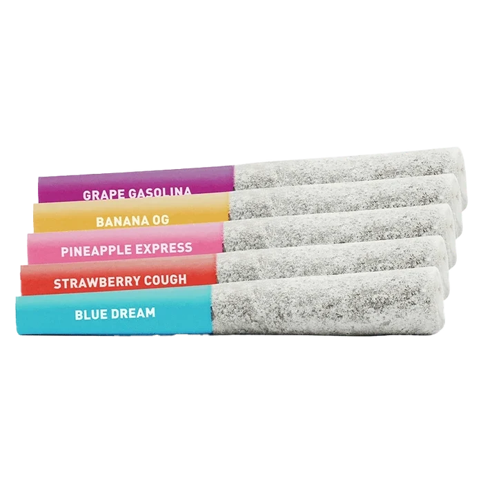 Frosted Flyers Variety Pack Infused Pre Rolled 5 x 0.5 g shown as a stack of colorful, individually wrapped edibles against a plain white background.