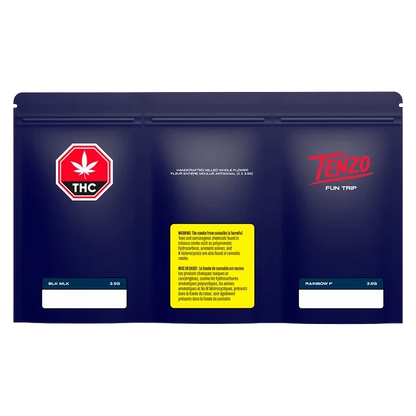 Front view of the Fun Trip product packaging, with vibrant graphic elements on a black background.