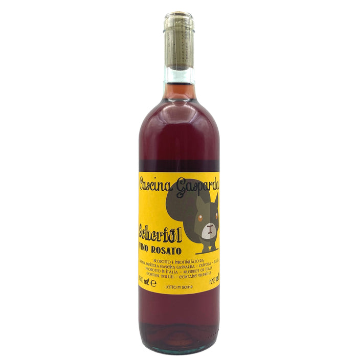 Rosato wine bottle with dark pink glass and yellow-and-black label